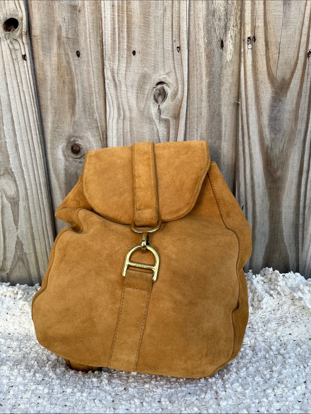 DKNY Suede Drawstring Backpack — Tan Suede with Gold Hardware